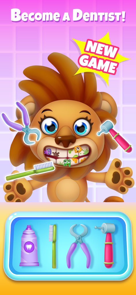Kids Games! Learning 4 Toddler - Interactive dentist roleplay game with a cartoon lion for toddlers.