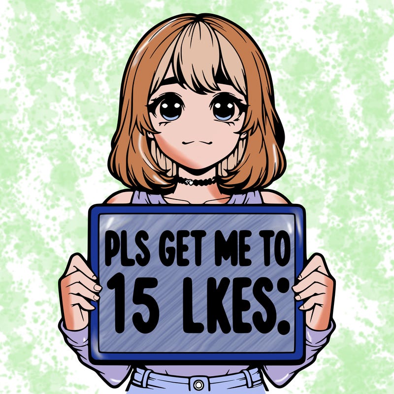 realistic girl holding up a sign that says “pls get me to 15 likes!”