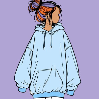 realistic girl with a oversized sweatshirt on and a bun