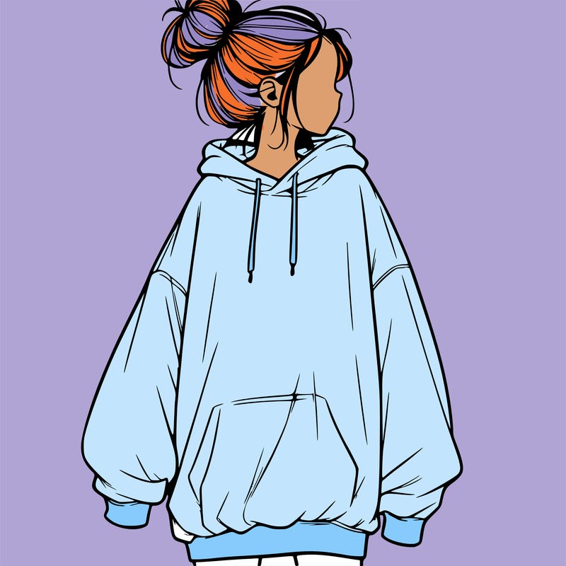 realistic girl with a oversized sweatshirt on and a bun