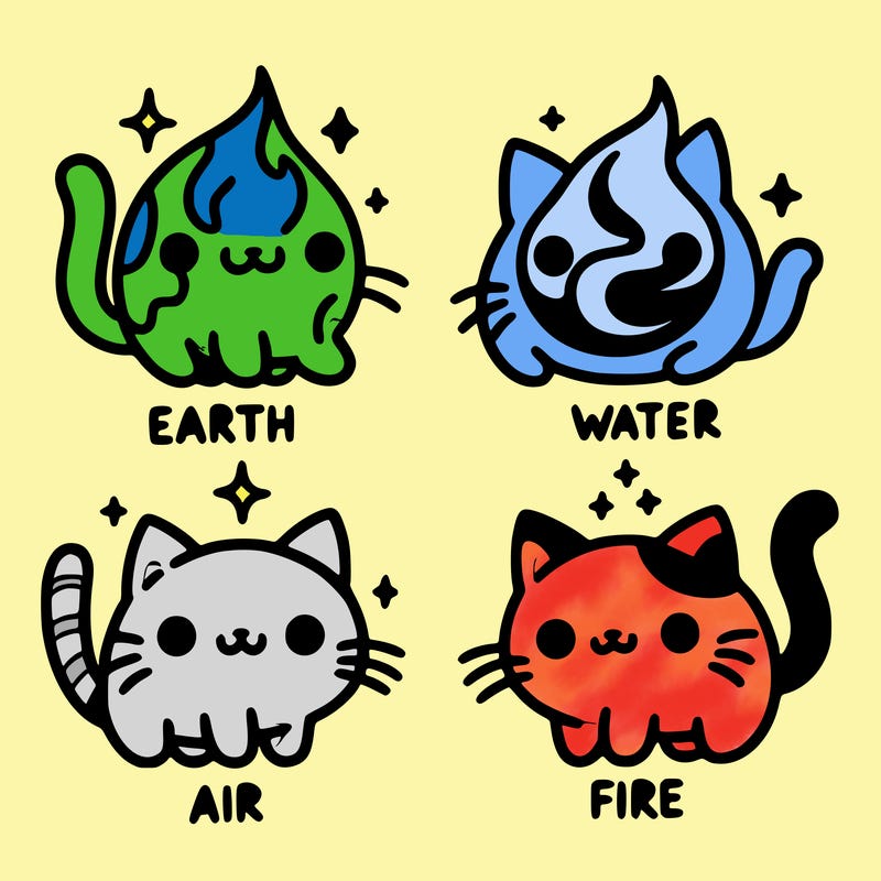 4 cats that represent the different elements, earth, water, air, and fire