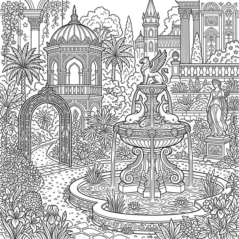 Step into a world of elegance and intricate beauty with this palace gardens coloring page designed for teens. Discover majestic fountains, ornate gazebos, and lush flora waiting for your creative touch.