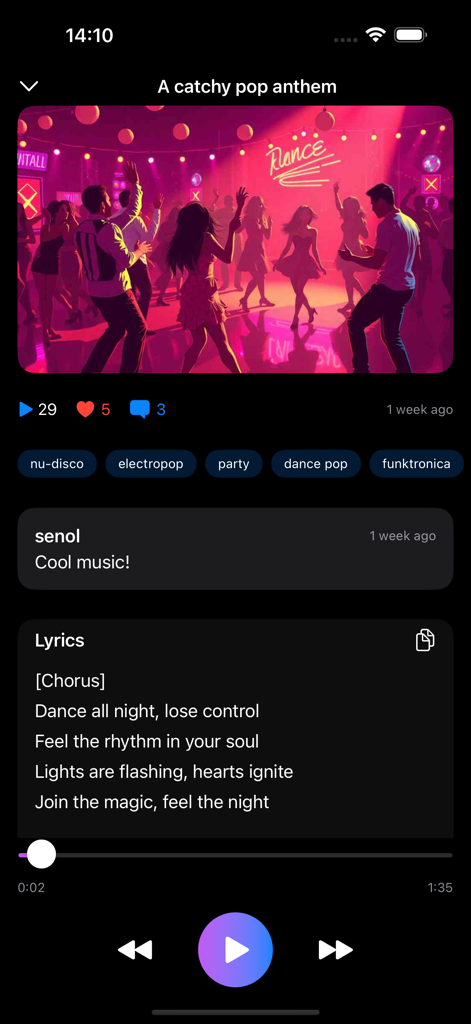 Melo - AI Song Generator - Interface do aplicativo Melo AI Song Generator mostrando um reprodutor de música com letras e recursos sociais para um hino pop.
