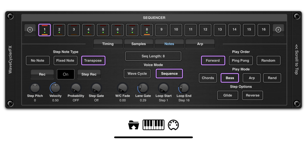 EvolverFX AUv3 Audio Plugin - EvolverFX AUv3 audio plugin sequencer interface with step controls and playback modes