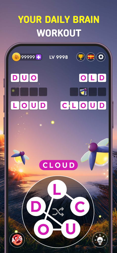 Word Tour: Trip Puzzle Game - Word Tour puzzle game interface featuring a word connect level with a sunset landscape background and fireflies