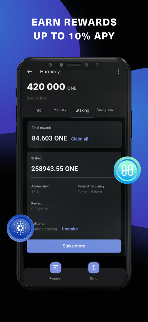 Guarda Crypto Wallet mobile interface showing staking rewards and APY for Harmony ONE