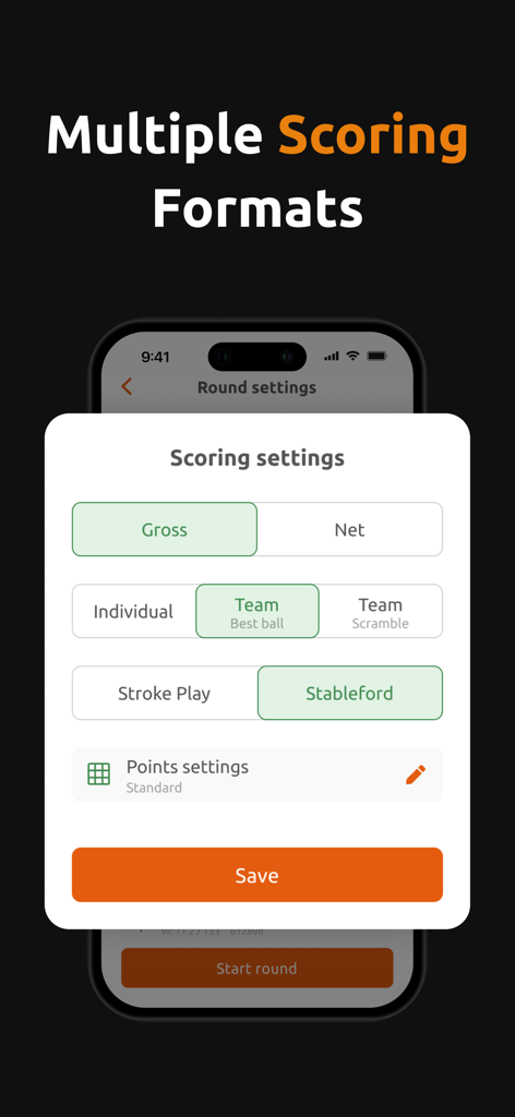 A mobile interface for the 15th Club Golf GPS app showing multiple scoring settings including gross, net, team best ball, and stableford.