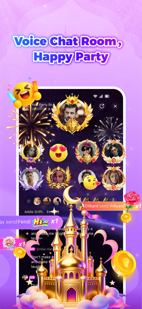 Yoki 앱 음성 채팅방 인터페이스, 장식용 프로필 프레임 및 가상 선물 표시