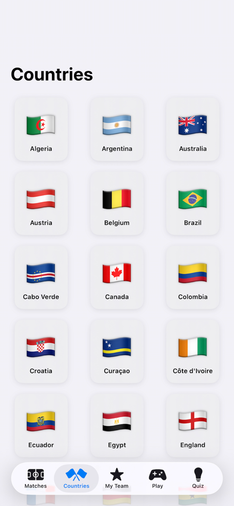 Grid display of national flags and country names for selection in the Soccer 2026 mobile app