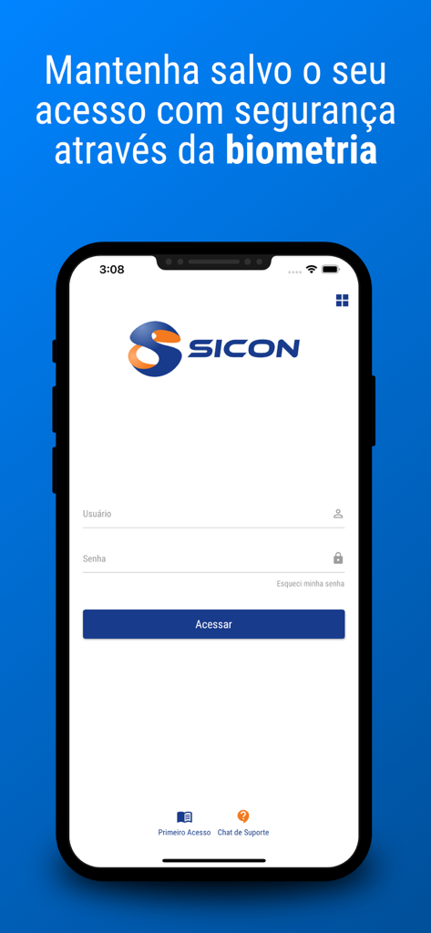 Pantalla de inicio de sesión de la app Sicon con un mensaje sobre seguridad biométrica y campos para nombre de usuario y contraseña.