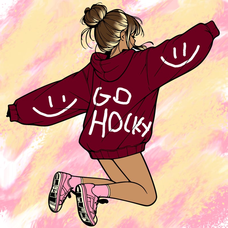 realistic girl jumping with a bun and oversized sweatshirt