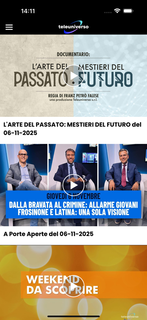Teleuniverso - Interfaccia dell'app Teleuniverso che visualizza notizie regionali e video documentari per la regione Lazio