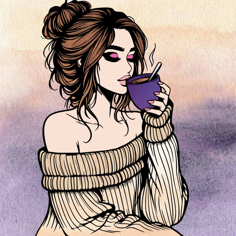 realistic girl drinking coffee with off the shoulder sweater