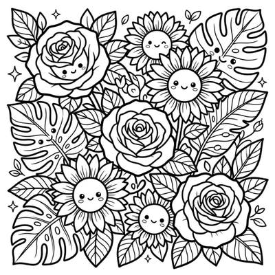 Dive into a world of cuteness with this Kawaii spring flowers coloring page, featuring charming roses, happy sunflowers, and adorable tropical leaves. Perfect for adding a touch of whimsical beauty to your day, this design invites you to unleash your creativity with vibrant colors.