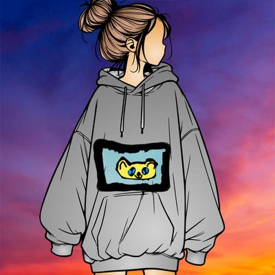 realistic girl with a oversized sweatshirt on and a bun