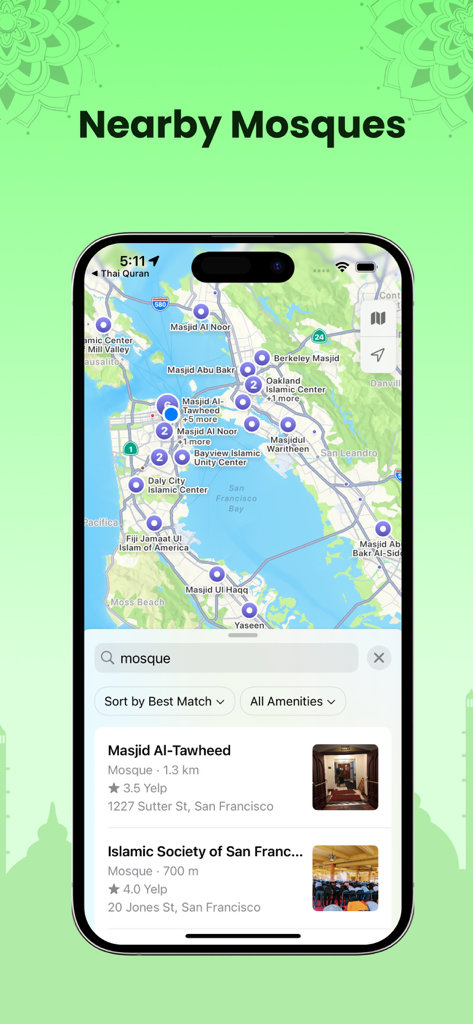 A screenshot of the Holy Quran in Thai app showing the nearby mosques feature with a map of San Francisco and local masjid listings.