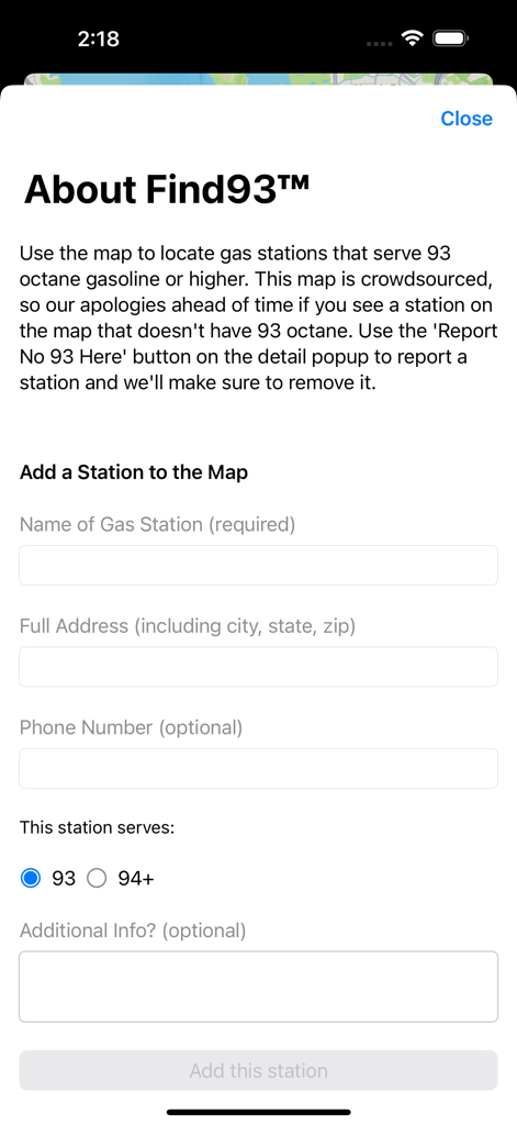Find93 - The add station screen in the Find93 app showing a form to contribute gas stations serving ninety three or ninety four plus octane fuel
