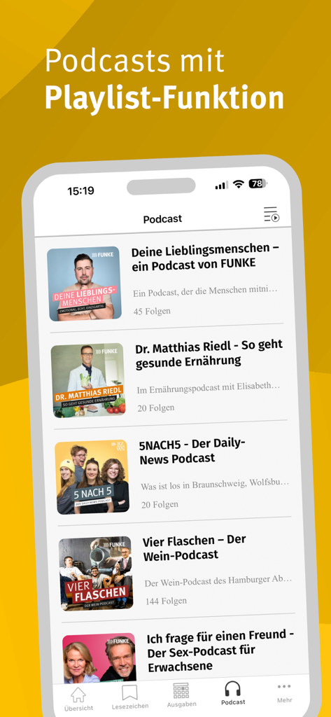 Podcast section of the Braunschweiger Zeitung E-Paper app showing a list of German audio programs.
