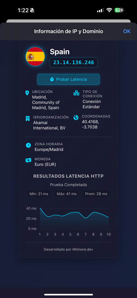 Interface of the IP Domain Flag Info extension displaying server details for Spain including location ISP and HTTP latency results