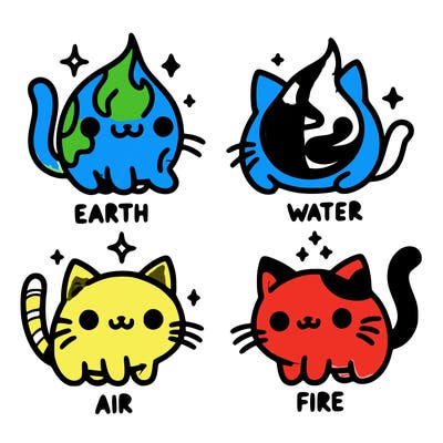 4 cats that represent the different elements, earth, water, air, and fire