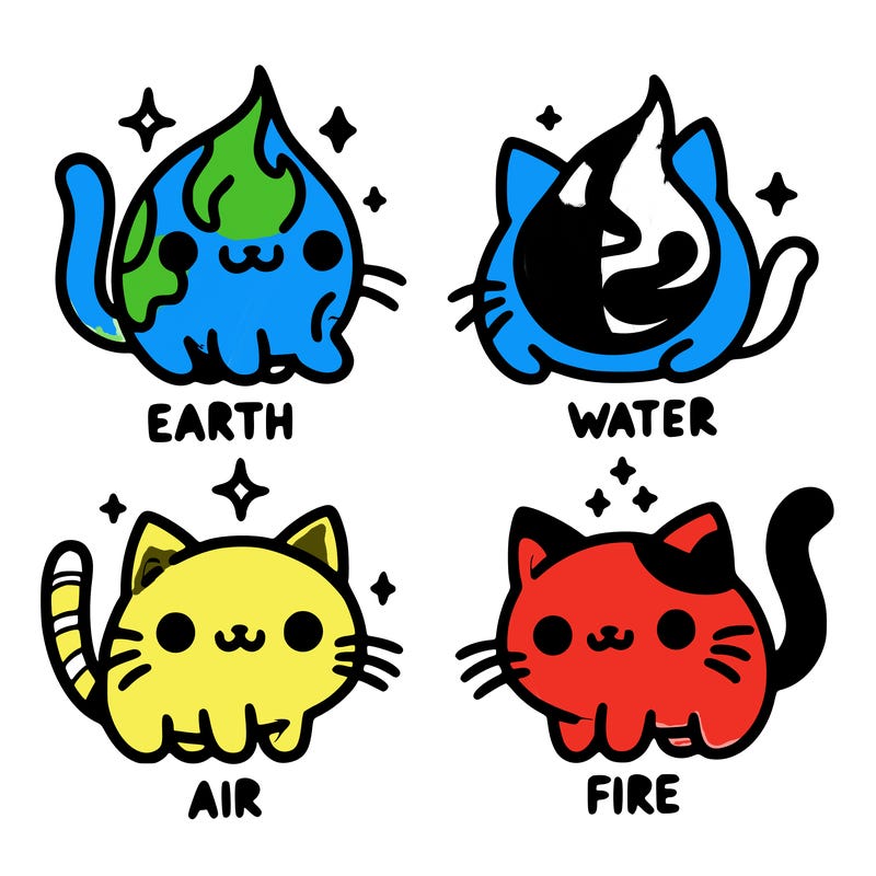 4 cats that represent the different elements, earth, water, air, and fire