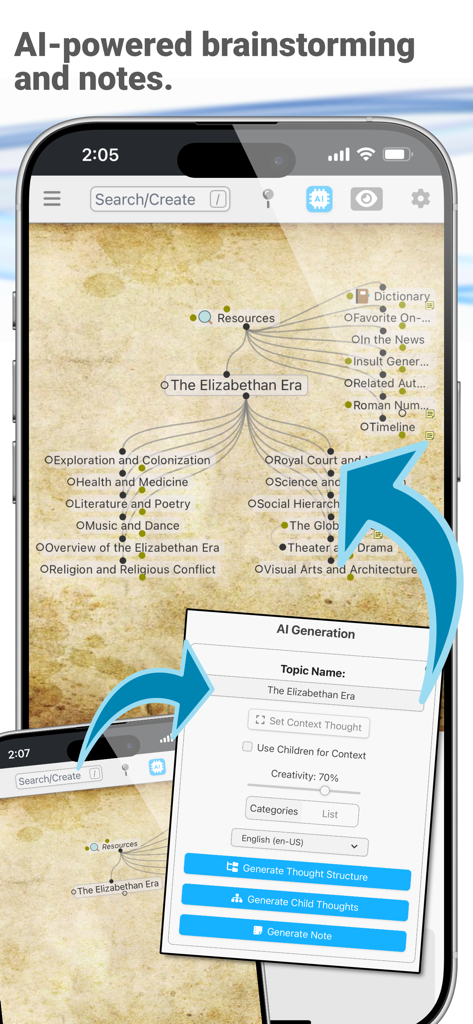 TheBrain: Smart Notes & Links - TheBrain 앱은 스마트폰에서 브레인스토밍을 위한 AI 생성 마인드 맵을 보여줍니다.