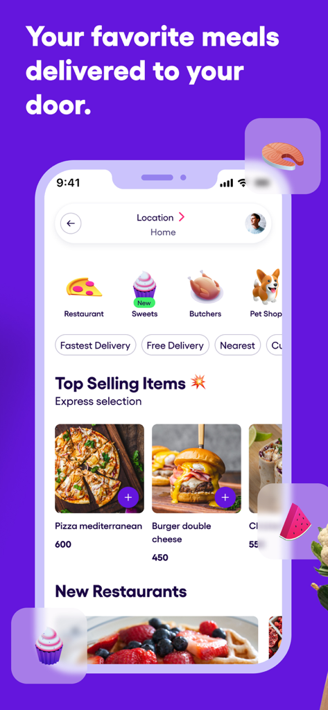 Yassir app interface showing food delivery options and top selling meals