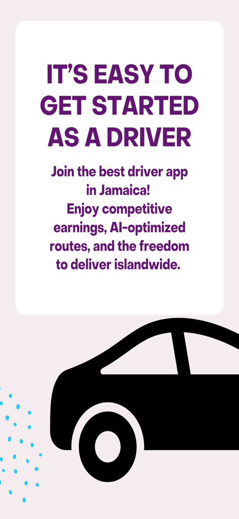Island Run Driver app onboarding screen showing driver benefits and a car silhouette
