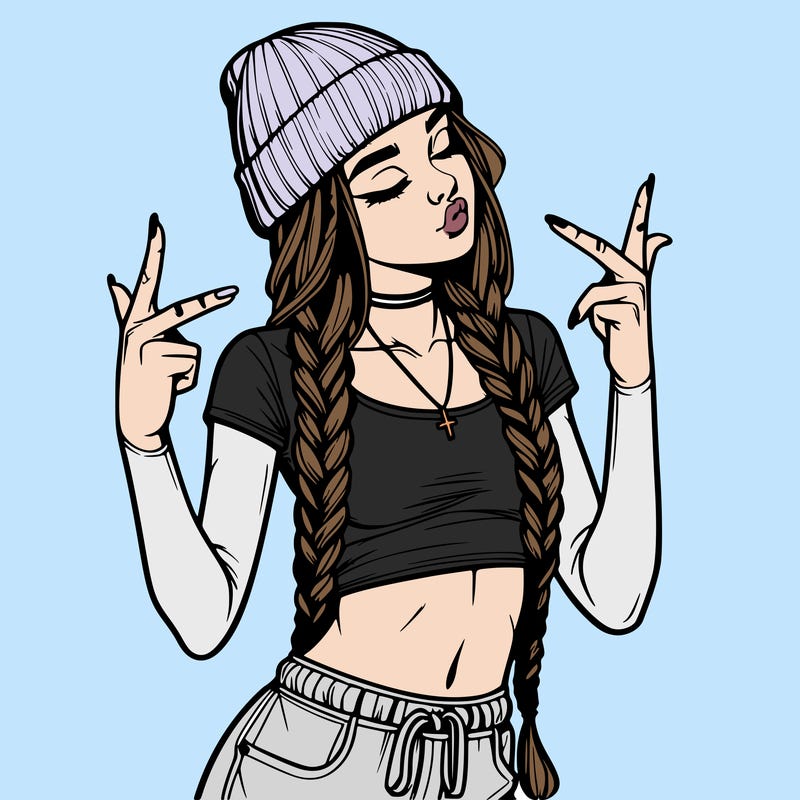 realistic teenage girl with braids and a beanie and crop top doing 🫶🏼