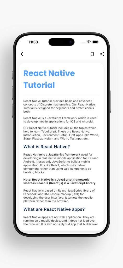 Learn React Native PRO - Introduction page of the React Native Tutorial in the Learn React Native PRO mobile app