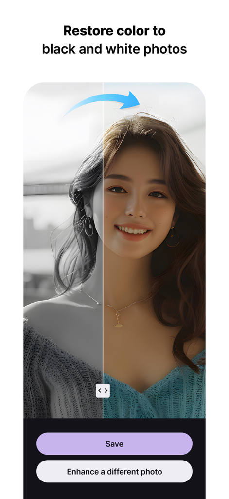 MeeAww - AI Photo Editor - MeeAww app interface showing a split view of a black and white portrait being restored with AI color