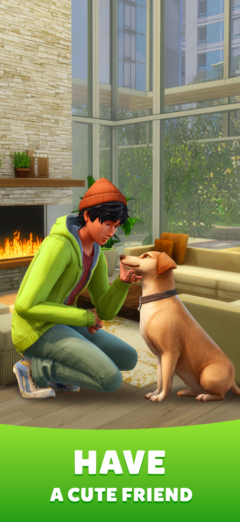 Un personaje acariciando a un perro en una sala de estar moderna en Life Sim 3D