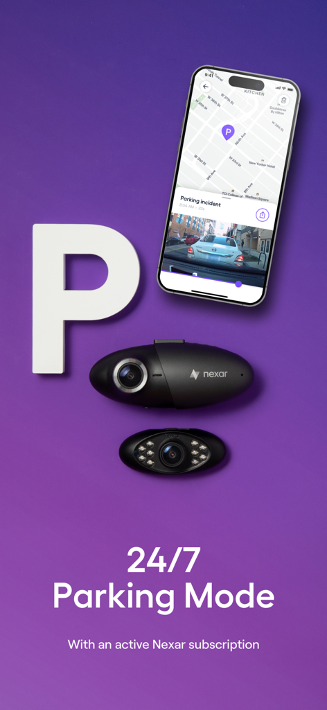 Nexar Classic app interface showing a parking incident alert and 24/7 monitoring feature alongside dash cam hardware
