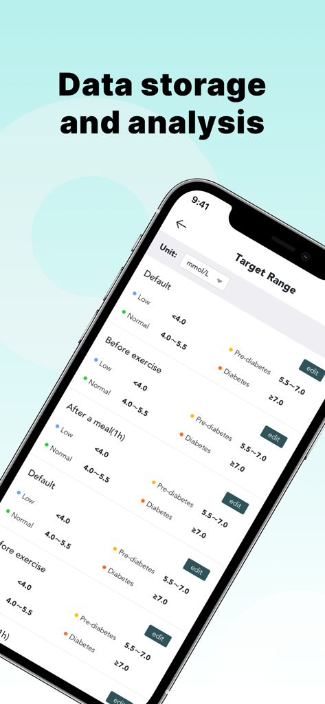 Blood Sugar Master - Pantalla de configuración de rango objetivo en la aplicación Blood Sugar Master que muestra categorías de nivel de glucosa como normal y prediabetes