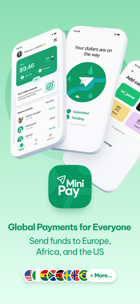 MiniPay: Easy Global Wallet - Interfaz de la aplicación móvil MiniPay que muestra el saldo de la billetera digital y el estado de la transferencia de dinero internacional