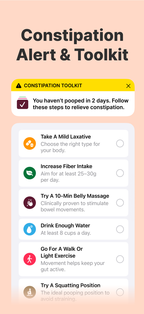 Poop Tracker - Balloon - Interfaz del kit de herramientas para el estreñimiento en la aplicación Balloon que muestra consejos de salud y pasos para el alivio.