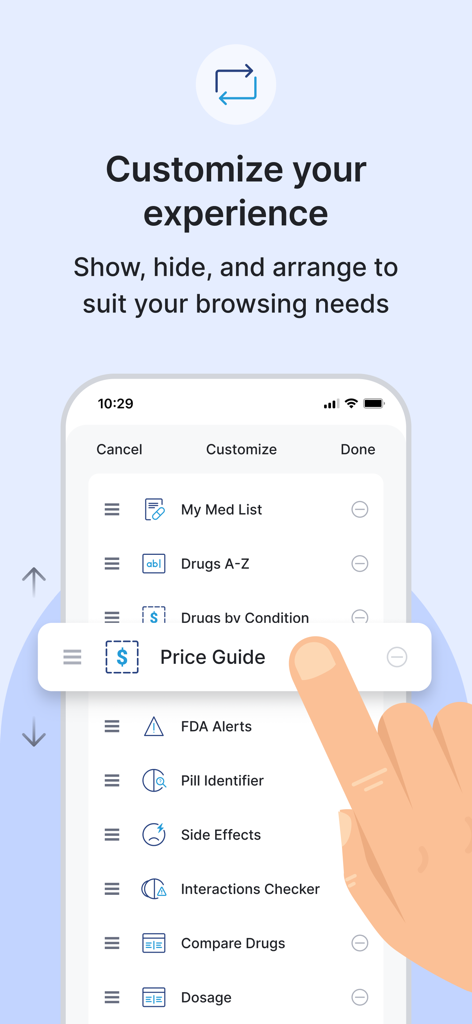 Drugs.com Medication Guide - A smartphone screen showing the customization interface for the Drugs.com app menu with options to reorder features like the Price Guide and Pill Identifier.