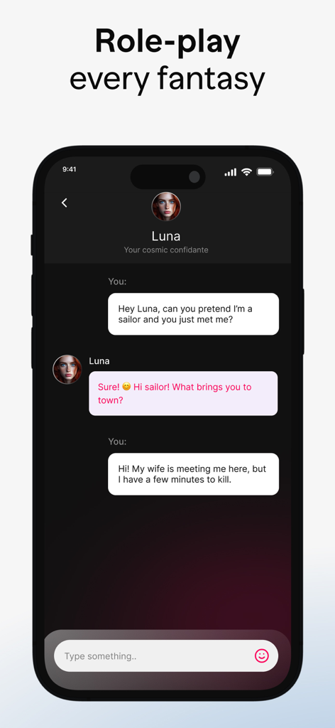 AI Girlfriends: Roster - A chat interface of the AI Girlfriends: Roster app showing a role-play conversation with an AI companion named Luna