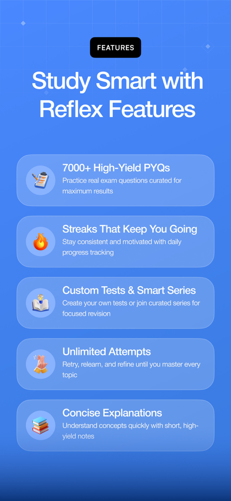Reflex - NEET PG Preparation - List of features for Reflex NEET PG preparation app showing high yield questions daily streaks custom tests and concise notes