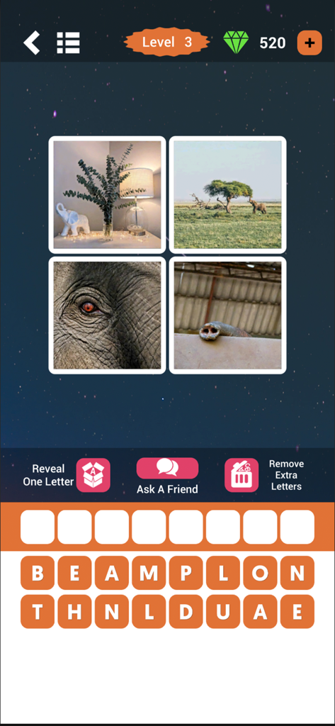 4 Pics 1 Word Puzzle - Gameplay screen of 4 Pics 1 Word Puzzle showing four images of an elephant and scrambled letter tiles for level three
