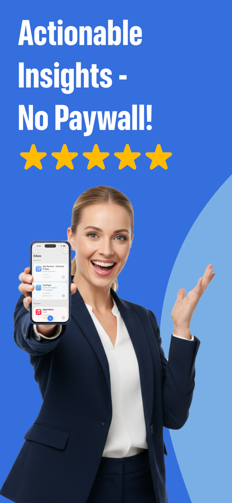 App Reviews - iOS & Android - Uma mulher profissional segurando um smartphone mostrando a caixa de entrada de reviews de apps com cinco estrelas e o texto Insights Acionáveis Sem Paywall