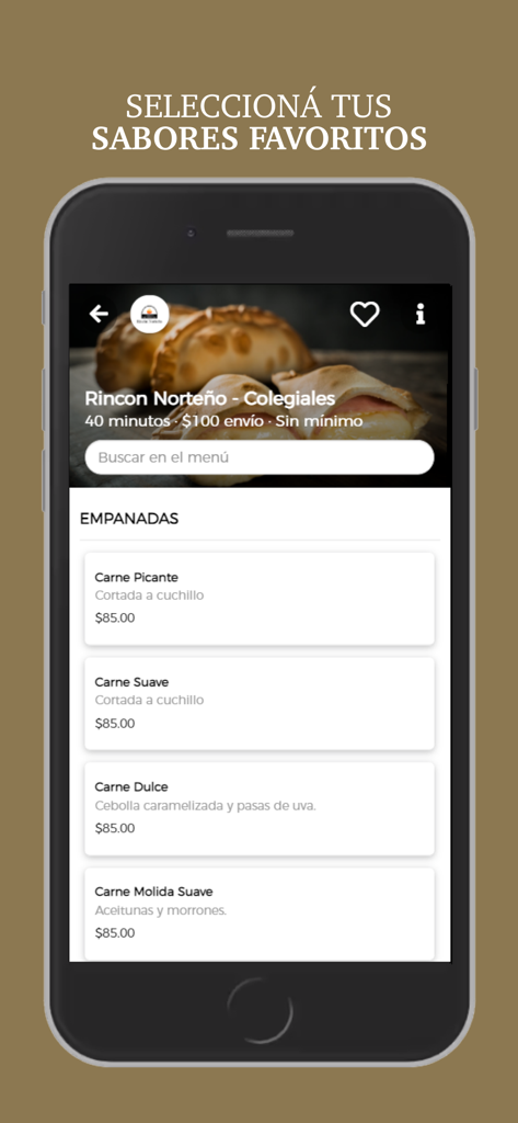 Pantalla del menú de la app móvil de Rincón Norteño mostrando varios sabores de empanadas y precios.