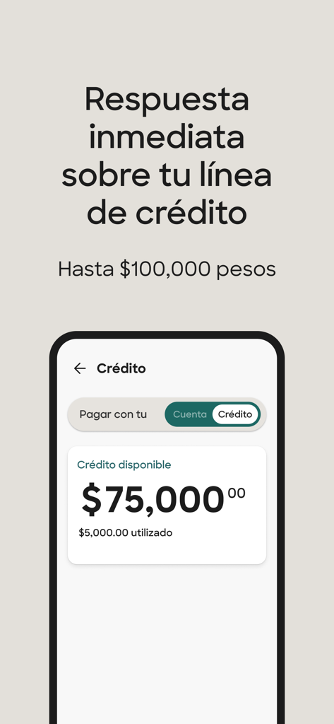 A screenshot of the Klar app showing a credit line balance of 75,000 pesos.