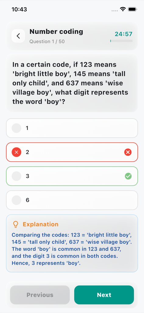Logical reasoning test pro app interface showing a number coding quiz question with a detailed explanation.