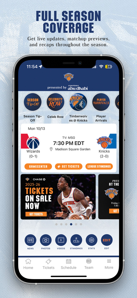 New York Knicks Official App - New York Knicks official app home screen showing game schedule and ticket info