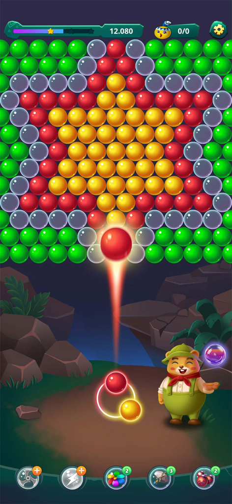 Gameplay di Bubble shooter che mostra una disposizione di bolle a forma di stella e un personaggio di un orso sorridente
