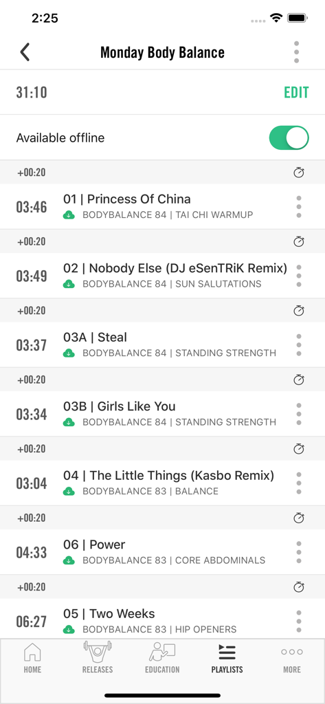 Les Mills Releases - Les Mills Releases 앱에 오프라인 모드가 활성화된 맞춤 Body Balance 트랙 목록이 표시됩니다.