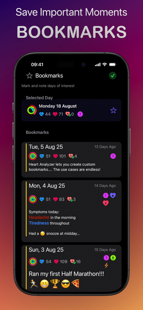 Heart Analyzer app screen showing a list of bookmarked days with heart rate data and health symptoms notes.