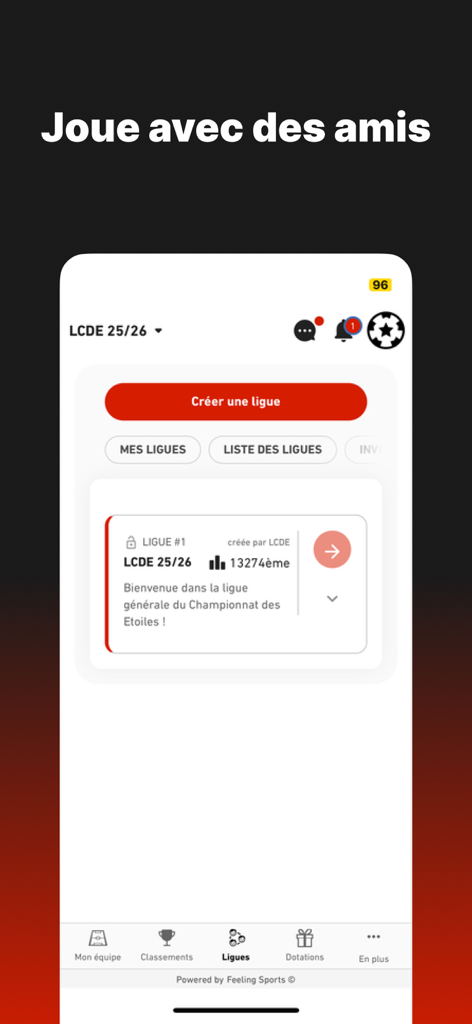 Le Championnat des Etoiles - Interface para criar e participar de ligas de futebol fantasy no aplicativo móvel Le Championnat des Etoiles.
