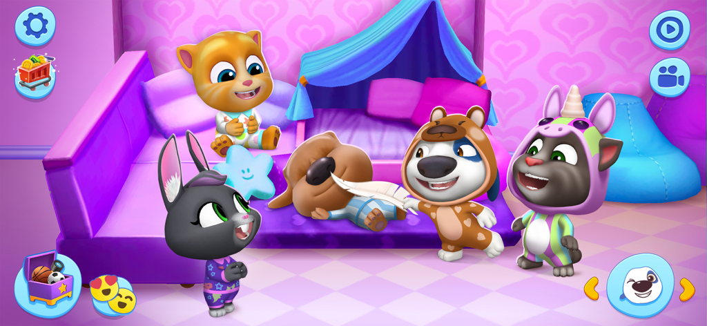 My Talking Tom Friends - Talking Tom e amigos vestindo macacões de animais e pijamas em um quarto